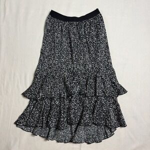 Women's Black White Abstract Tiered Ruffle Midi Skirt M